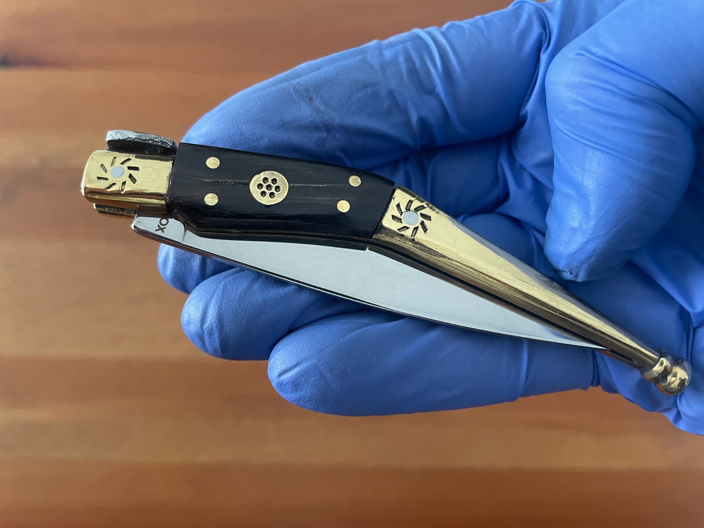 3.22" Spanish Catalan Navaja Folding Knife With Brass Bolsters Bull Horn Scales