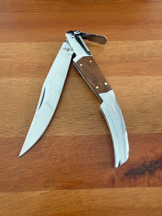 5.1" Arabian Style Navaja with Ratchet Pocket Knife Olive Wood and Steel Handle