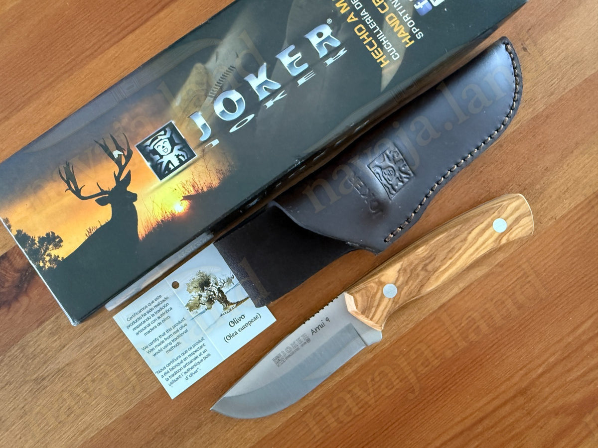Joker Arrui 9 Outdoor Knife – 3.5” Blade | Olive Wood Handle | Leather Sheath