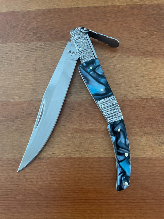 5.1" Arabian Style Navaja with Ratchet Pocket Knife Blue Acrylic Scales - Spain