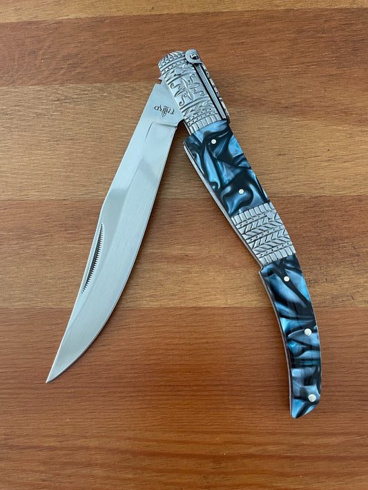 5.9" Arabian Style Navaja with Ratchet Pocket Knife Blue Acrylic & Steel Handle