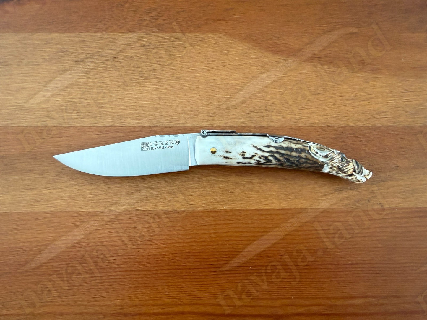 Joker Folding Knife w/ Hand Carved Wild Boar Motif Deer Antler 3.1" MOVA Steel