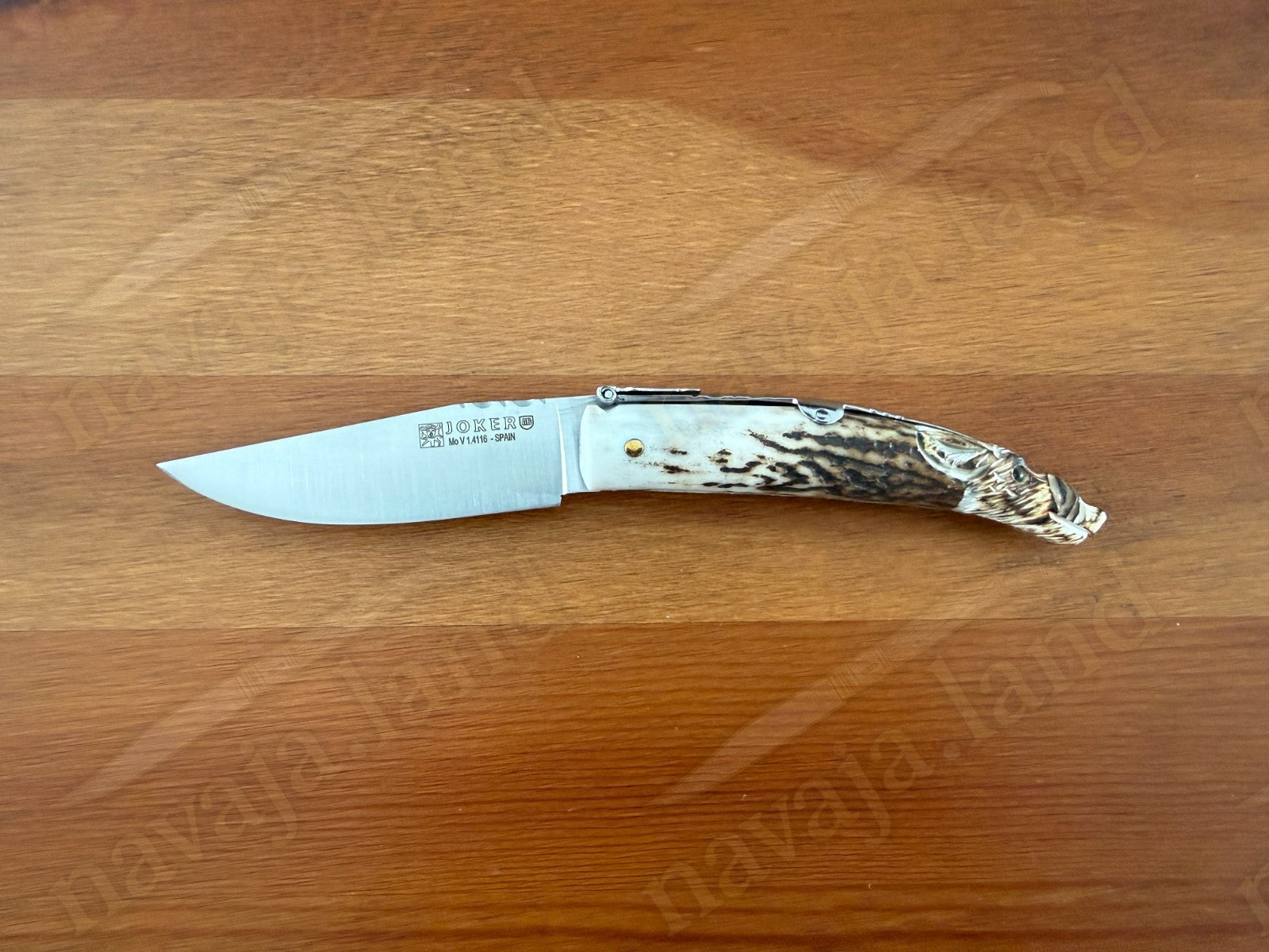 Joker Folding Knife w/ Hand Carved Wild Boar Motif Deer Antler 3.1" MOVA Steel