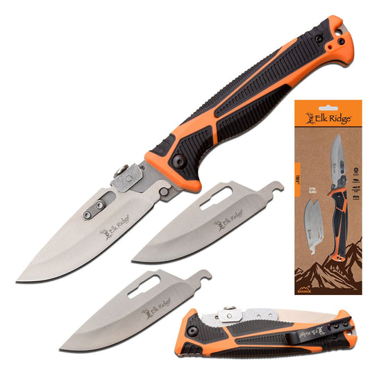 Elk Ridge Folding Knife 3x Interchangeable 4" Steel Blade Textured Grip Handle