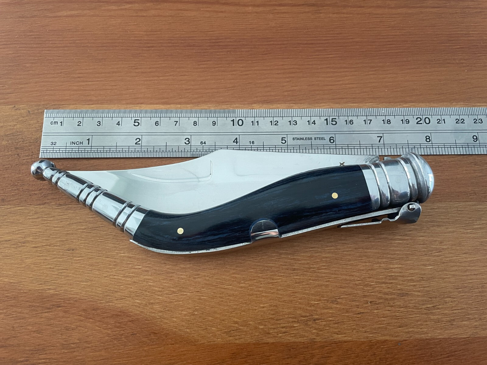 5.5" Spanish Navaja Sevillana Pocket Knife Blue Stamina Wood Scales with Ratchet