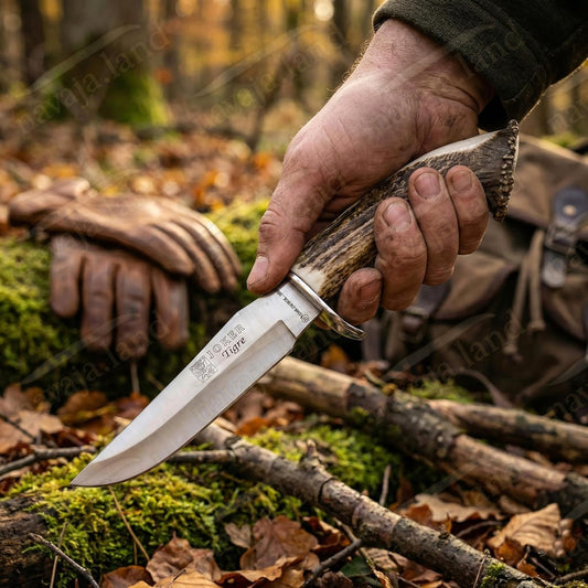 Joker Tigre Mountain Knife 5.51” MOVA Blade Stag Crown Handle Leather Sheath