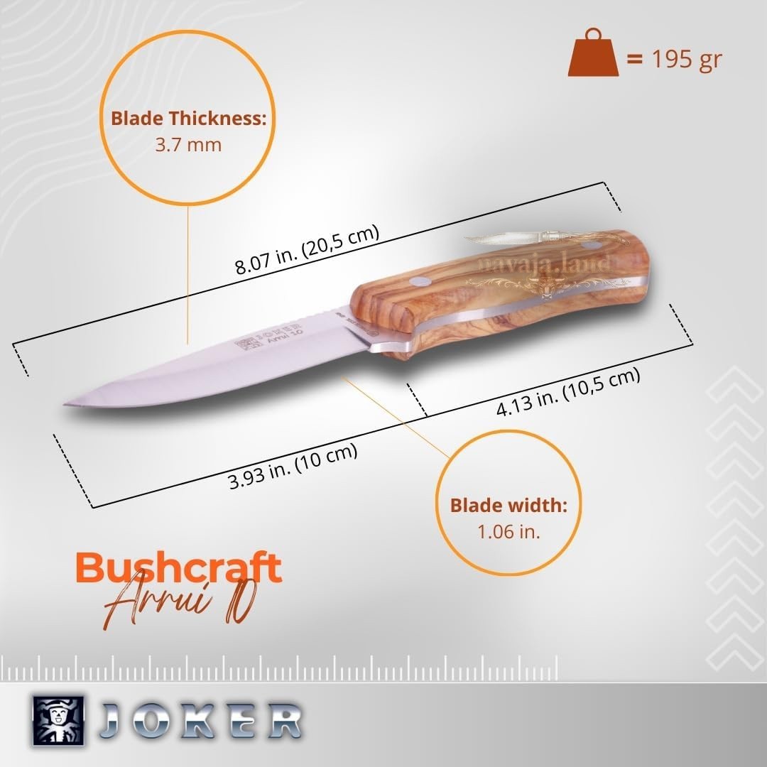 Joker Arrui 10 Outdoor Knife – 3.9” Blade | Olive Wood Handle | Leather Sheath