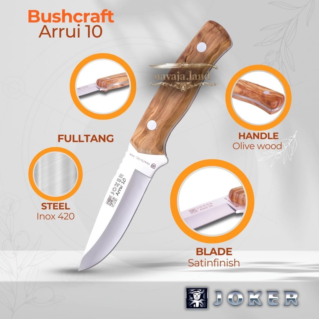 Joker Arrui 10 Outdoor Knife – 3.9” Blade | Olive Wood Handle | Leather Sheath