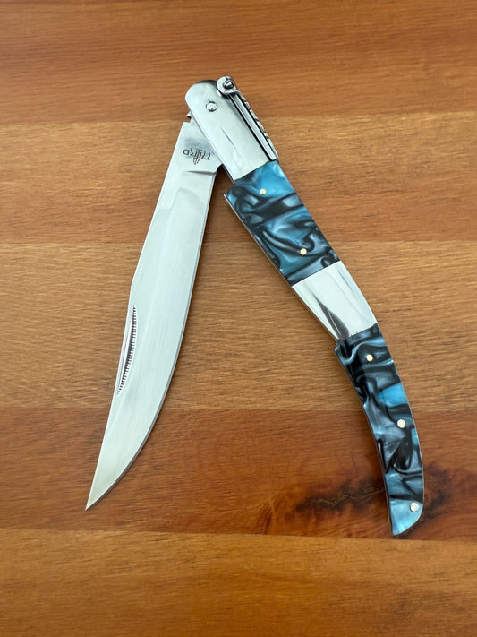 5.9" Arabian Style Navaja with Ratchet Pocket Knife Blue Acrylic & Steel Handle