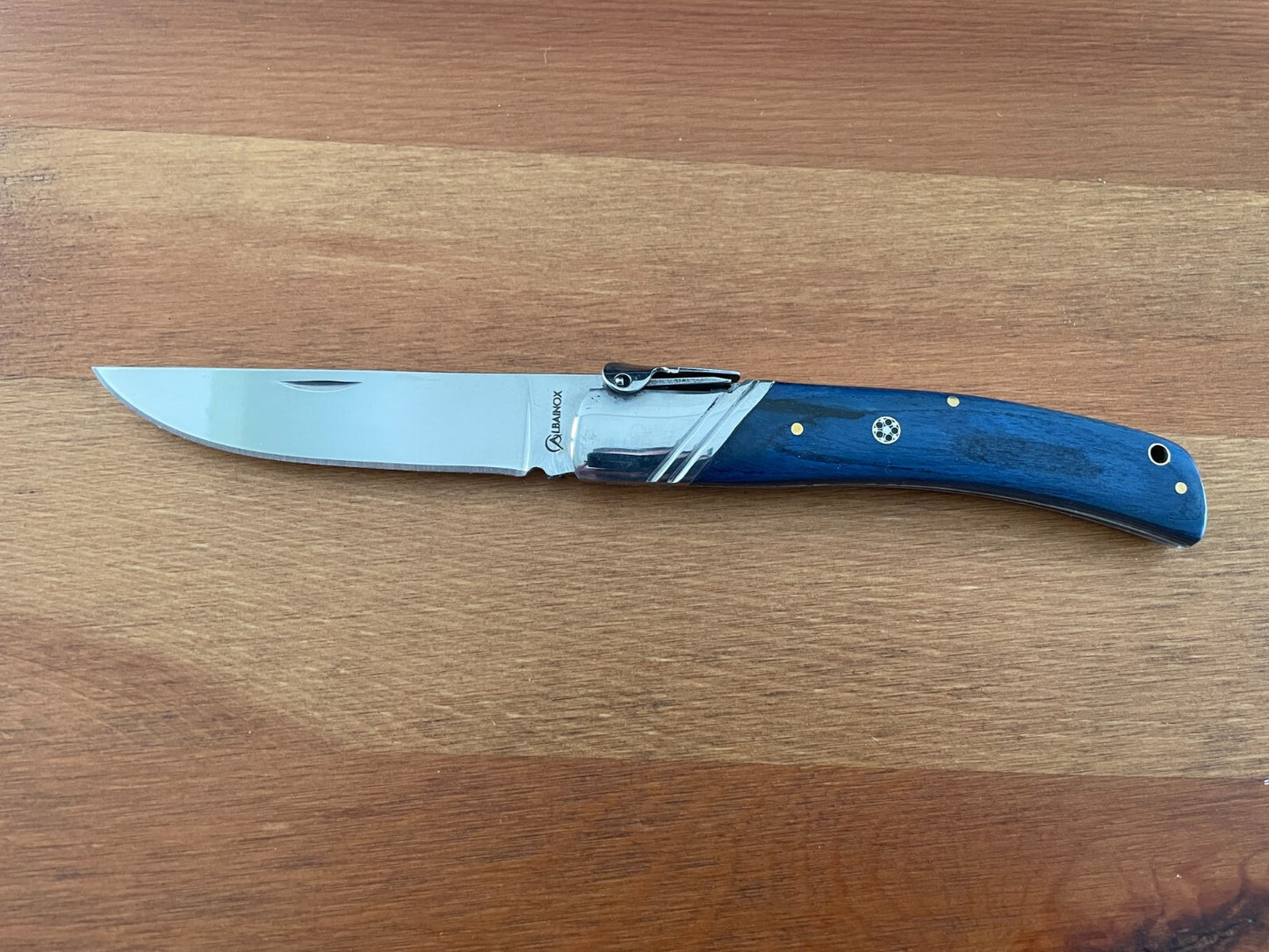 3.54" Spanish Navaja Pocket Knife Blue Wood Scales With Ratchet & Billet Lock