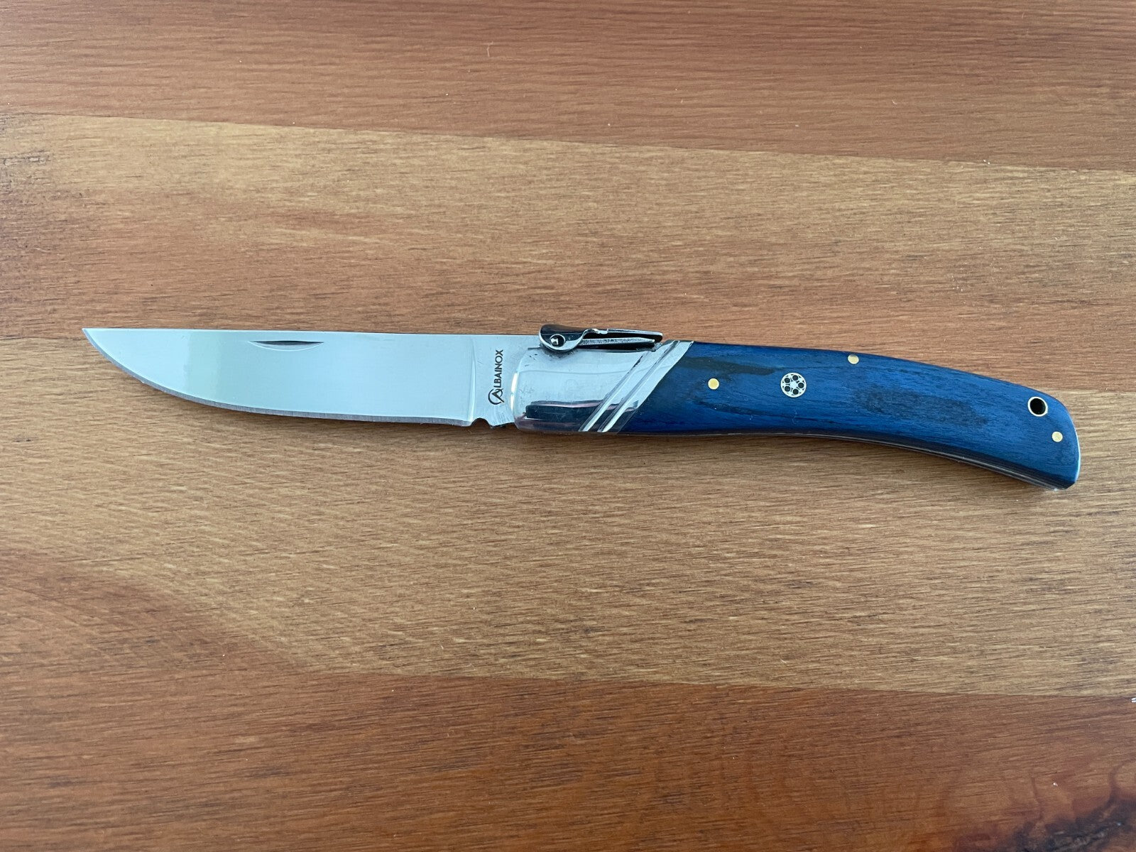 3.54" Spanish Navaja Pocket Knife Blue Wood Scales With Ratchet & Billet Lock