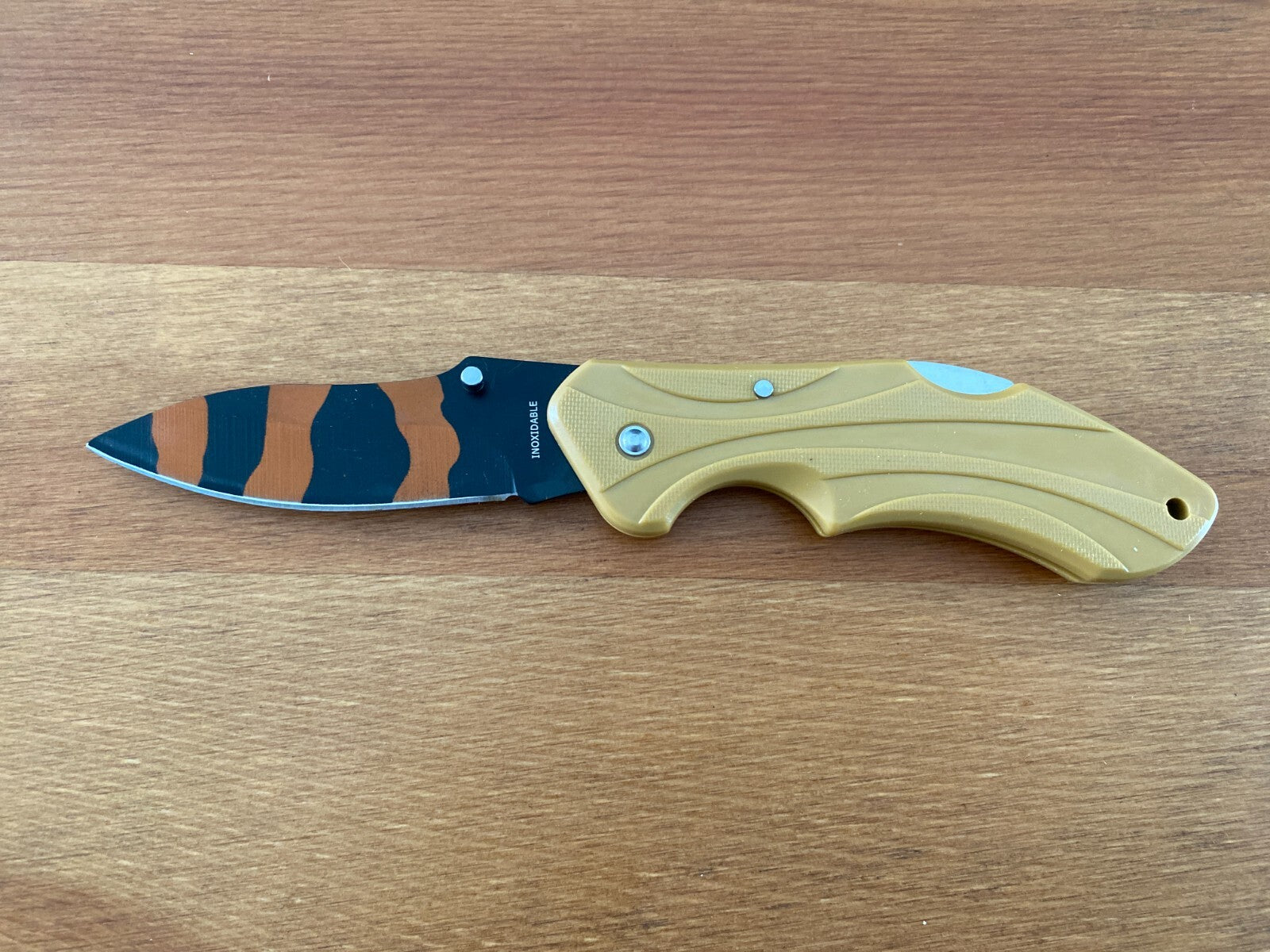 3" Stainless Blade Tactical Knife Black / Orange Blade Beige Plastic Handle