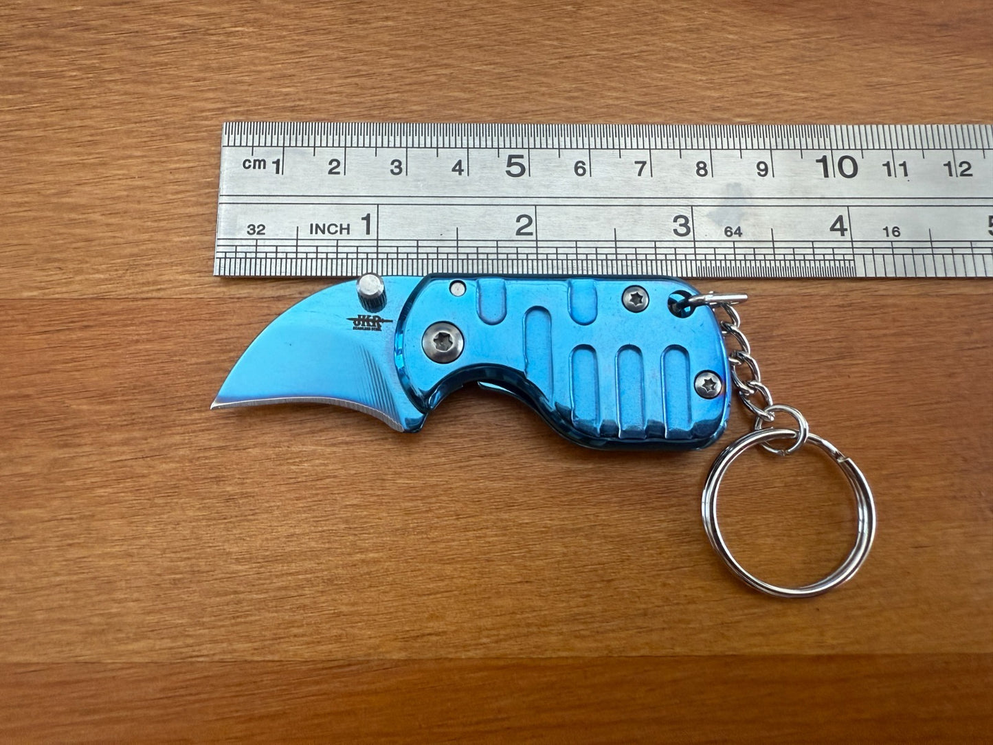1.2" Stainless Steel Blue Curved Blade Keychain Mini Folding Knife Liner Lock