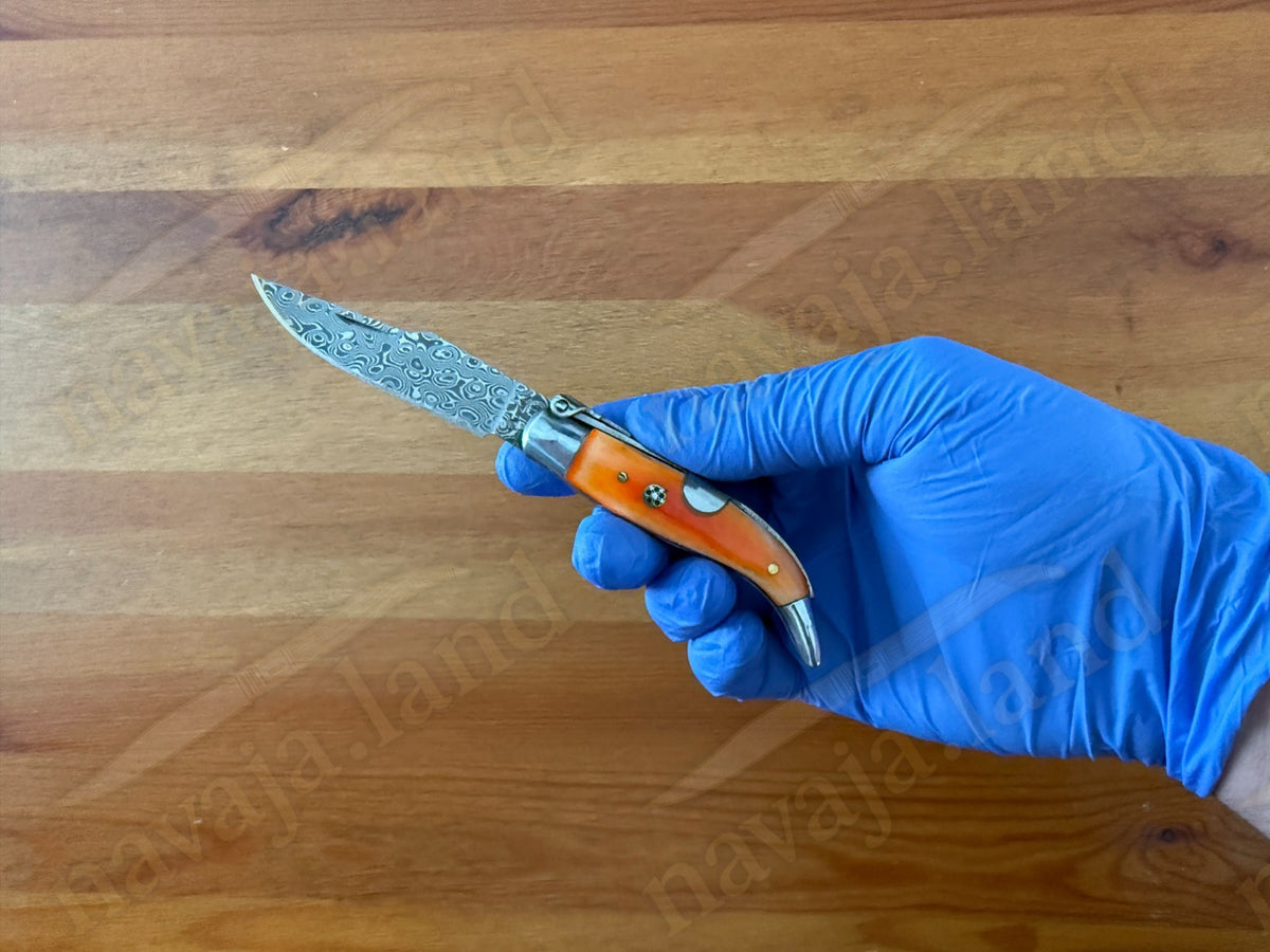 2.56” 67-Layer Damascus Blade Spanish Albacete Navaja Folding Knife Orange Bone