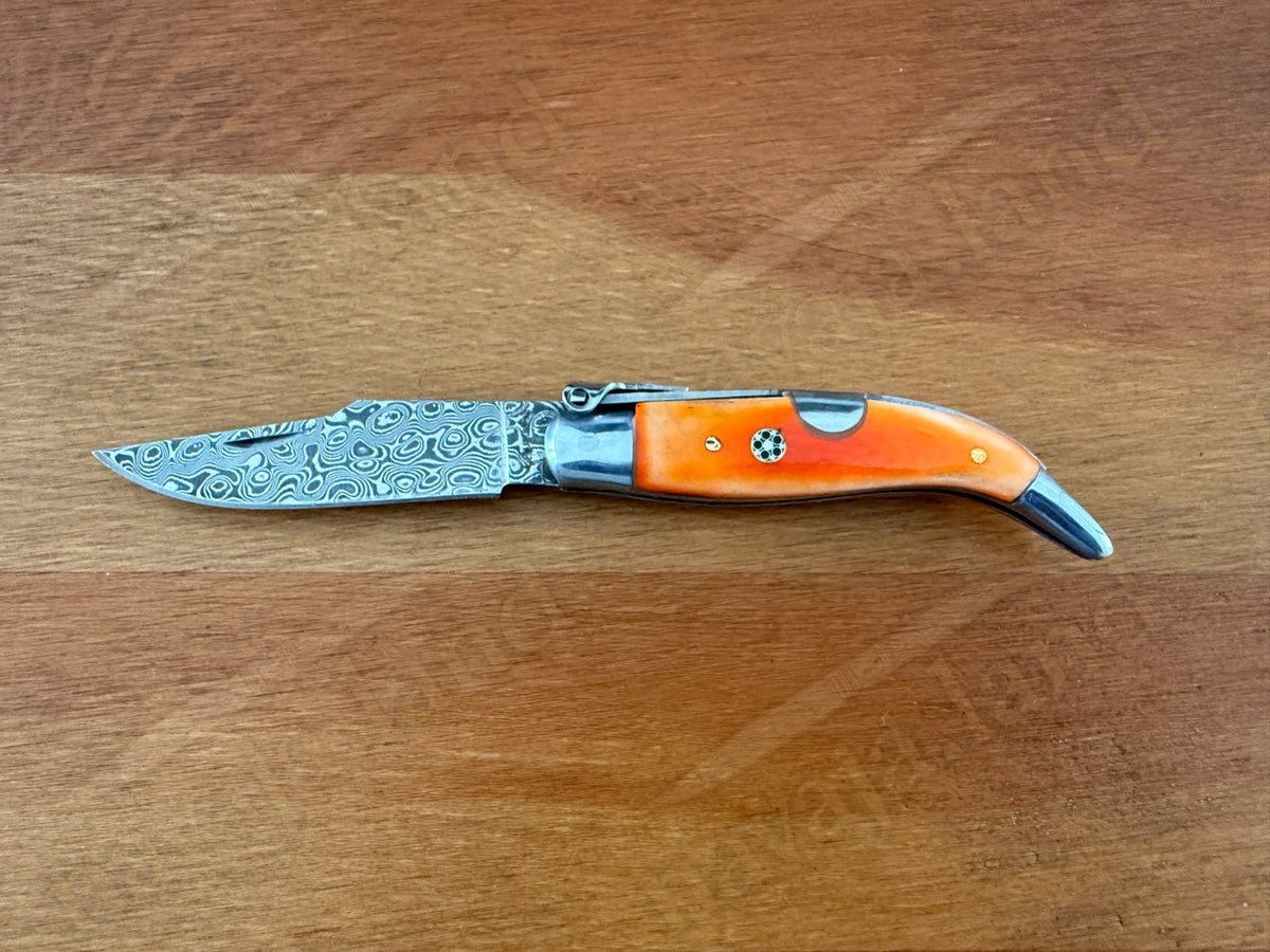 2.56” 67-Layer Damascus Blade Spanish Albacete Navaja Folding Knife Orange Bone