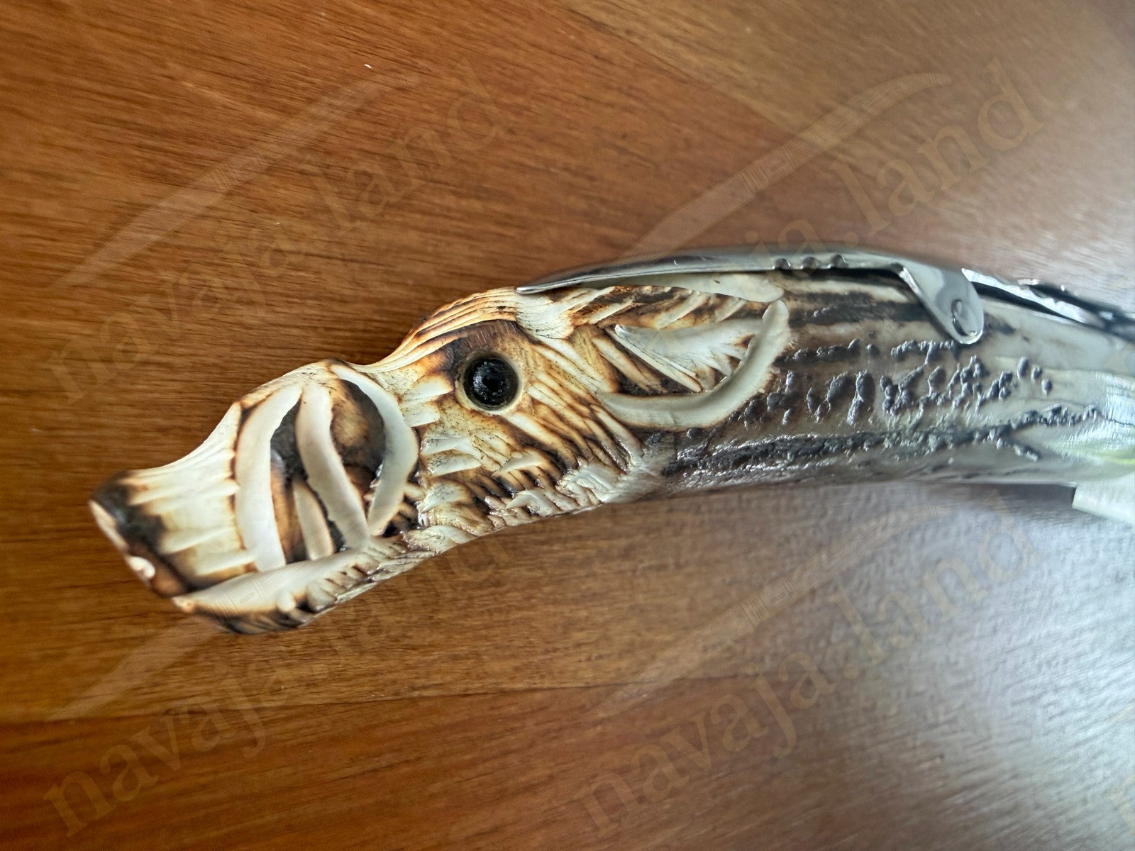 Joker Folding Knife w/ Hand Carved Wild Boar Motif Deer Antler 3.1" MOVA Steel