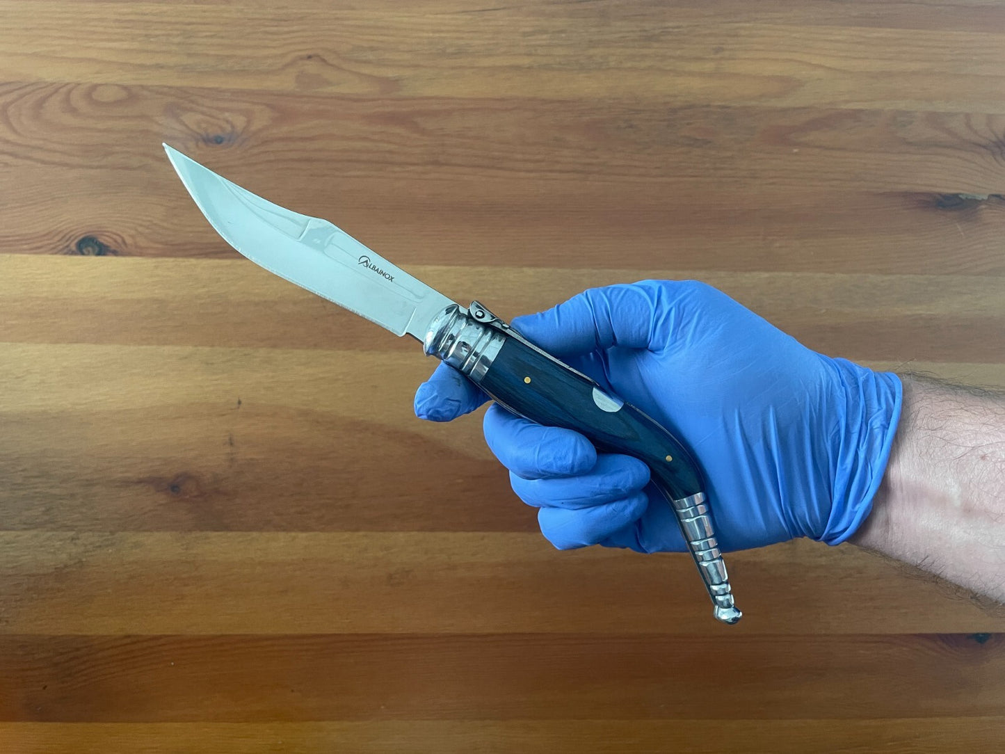 4.5" Spanish Navaja Sevillana Pocket Knife Blue Wood Stamina Scales with Ratchet