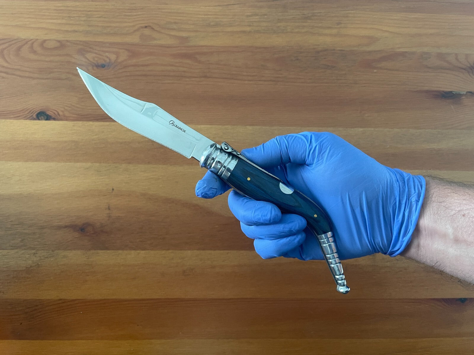 4.5" Spanish Navaja Sevillana Pocket Knife Blue Wood Stamina Scales with Ratchet