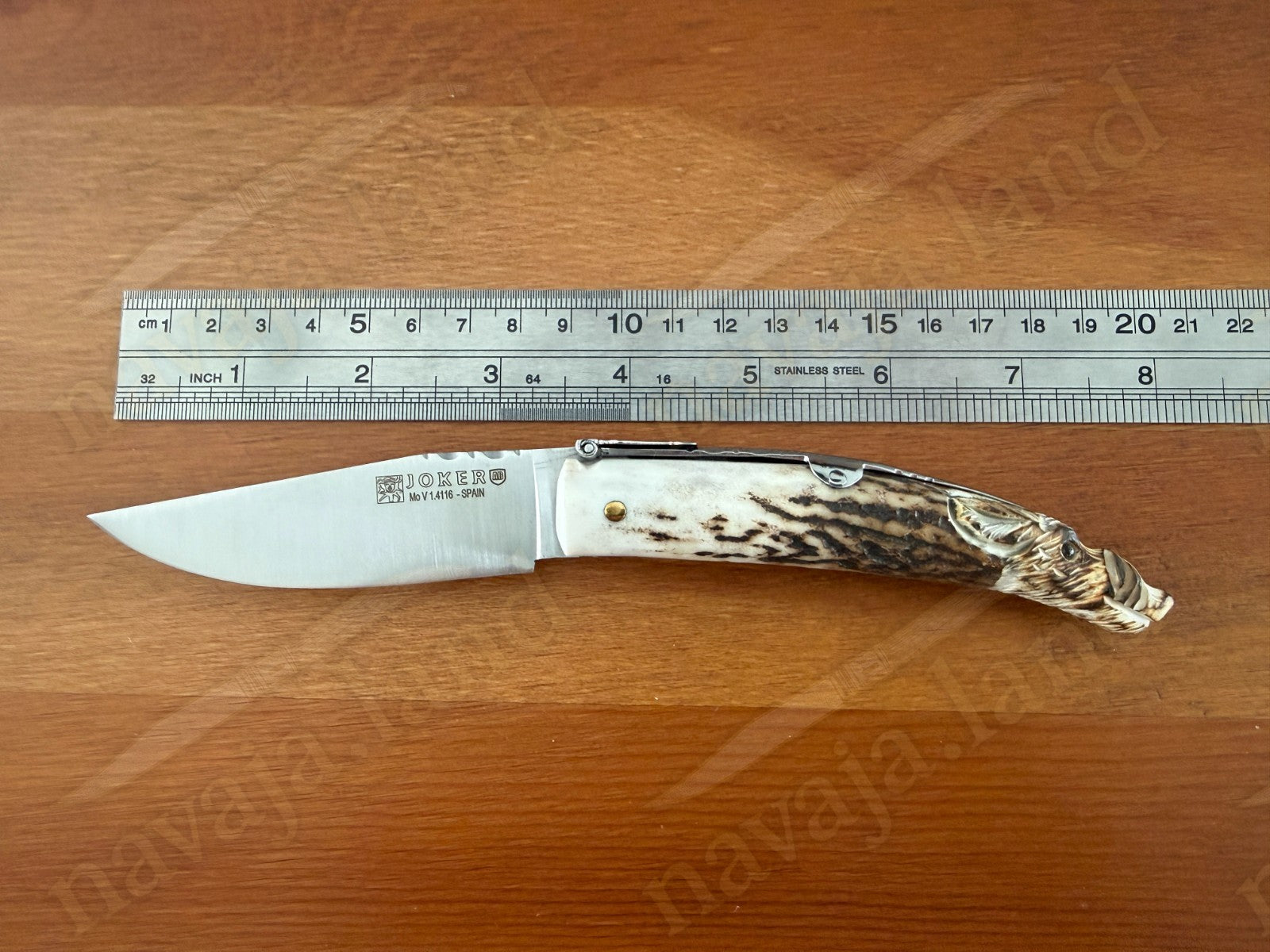 Joker Folding Knife w/ Hand Carved Wild Boar Motif Deer Antler 3.1" MOVA Steel