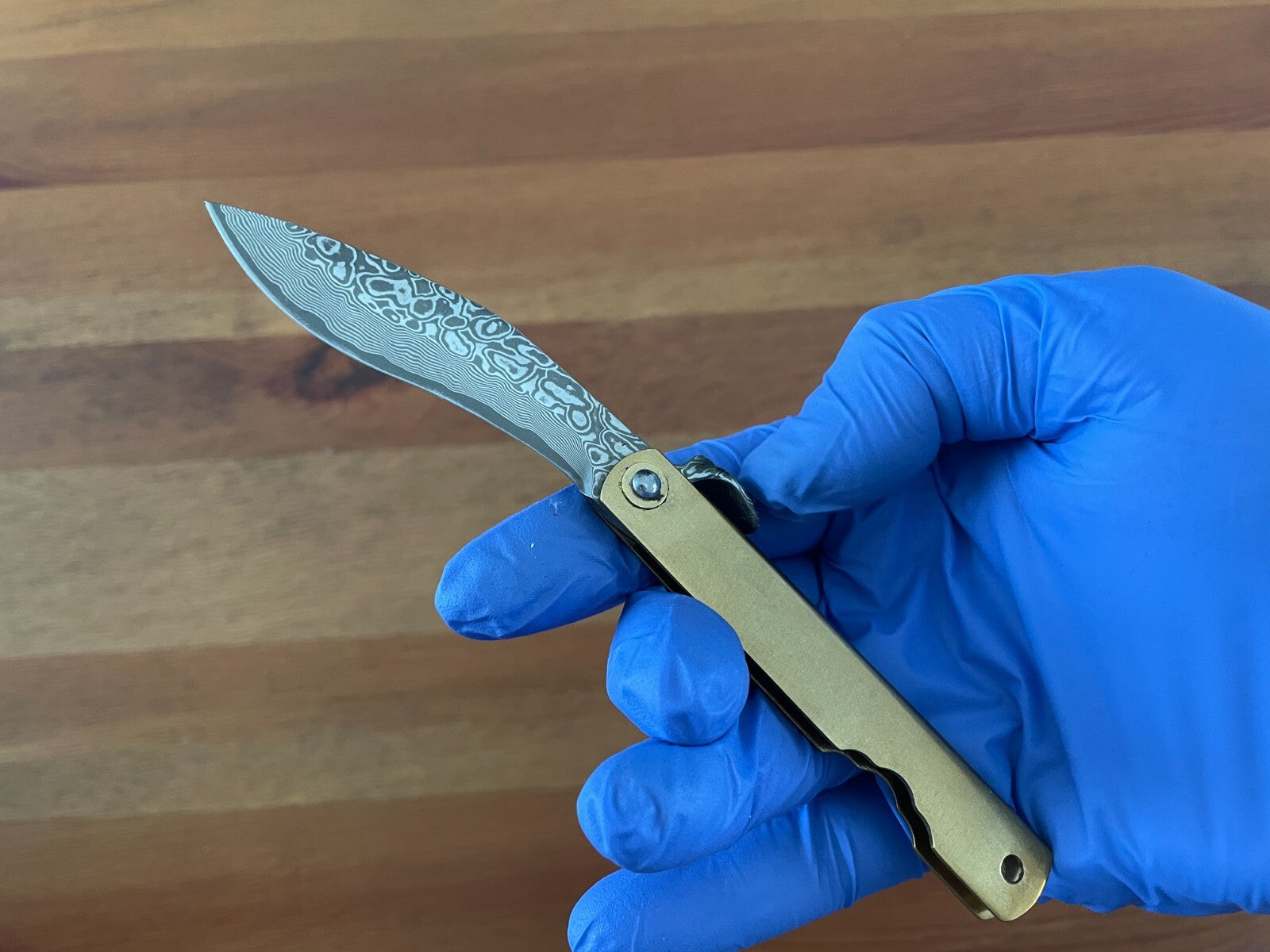 2.9" Navaja Higonokami Pocket Knife 79-layer Damascus Brass Handle with Sheath