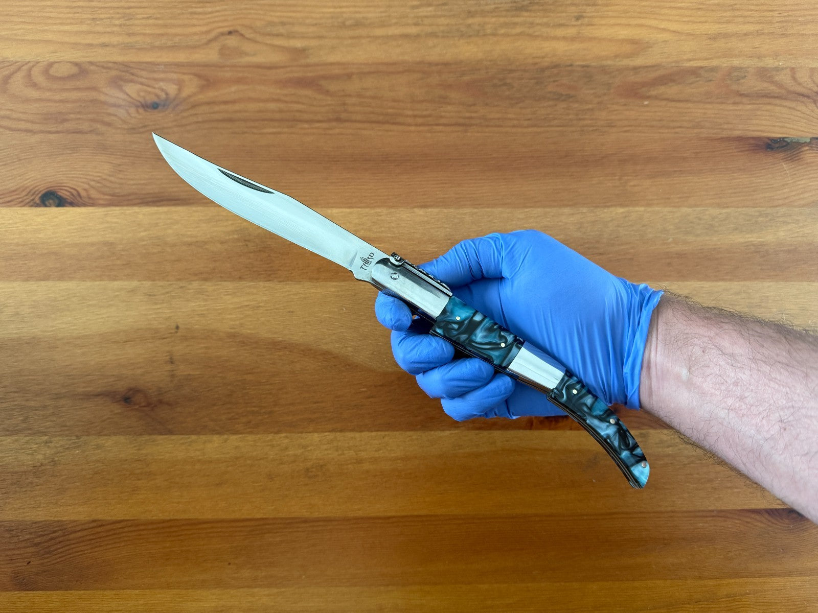 5.9" Arabian Style Navaja with Ratchet Pocket Knife Blue Acrylic & Steel Handle