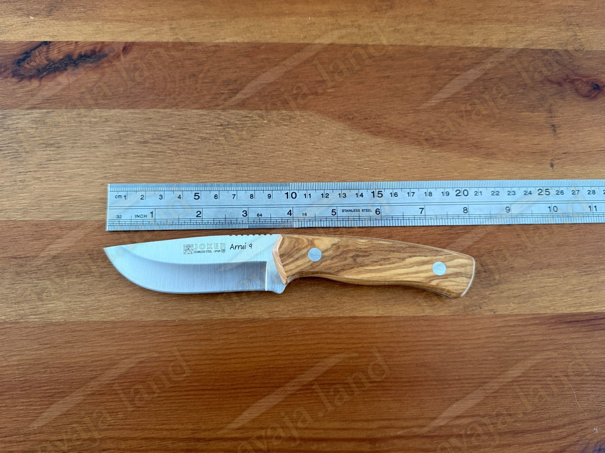 Joker Arrui 9 Outdoor Knife – 3.5” Blade | Olive Wood Handle | Leather Sheath