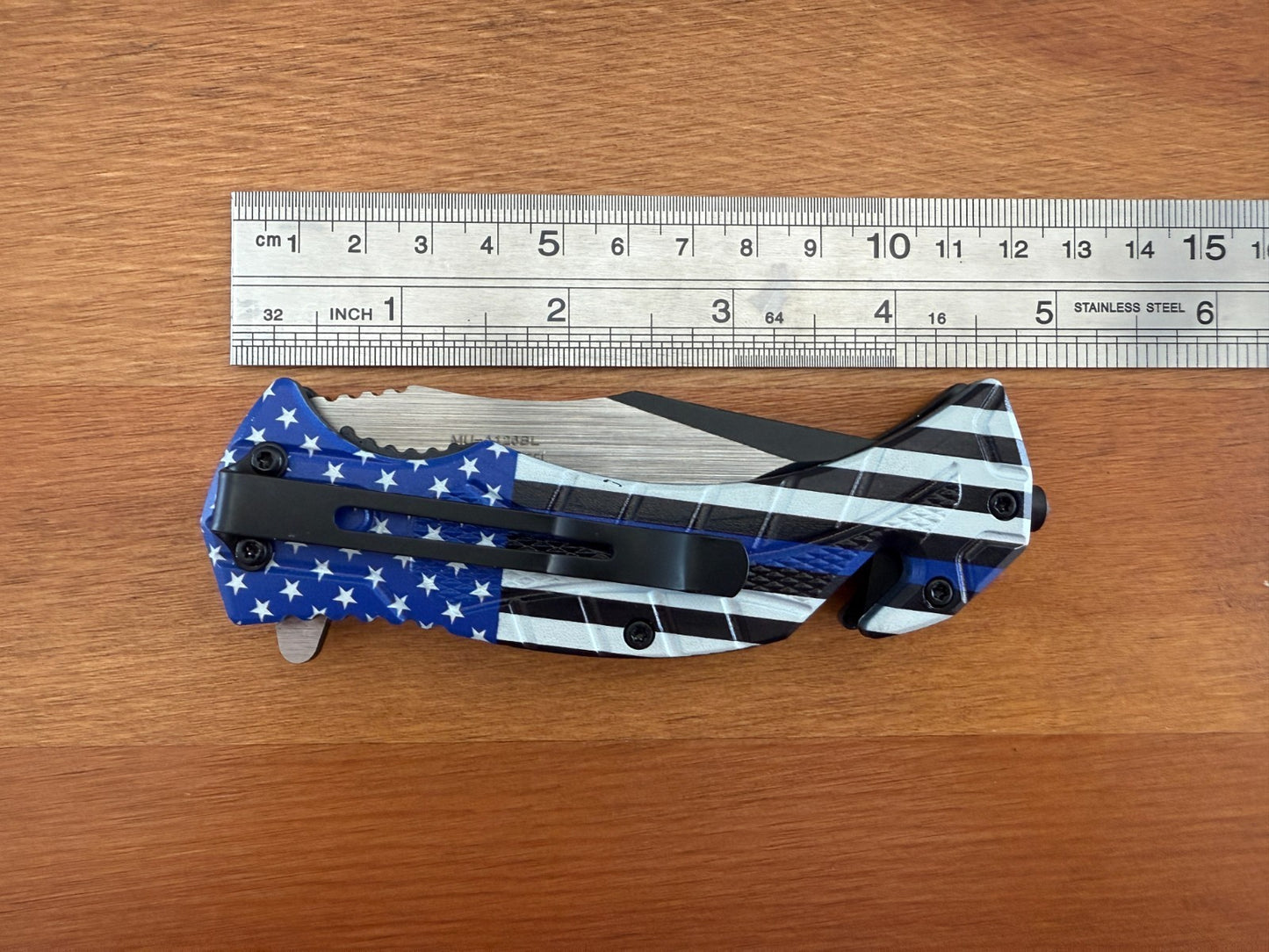 3.5" Steel Blade Master USA Folding Knife Assisted Thin Blue Line Flag Themed