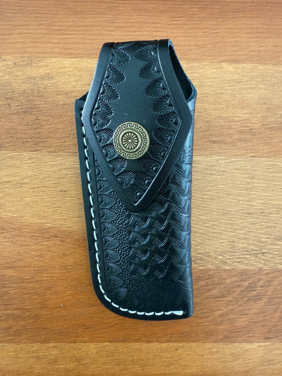 4.4 in. Black Leather Pocket Knife Sheath with Belt Holder Hand Made Spain