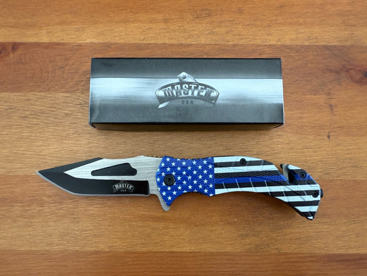 3.5" Steel Blade Master USA Folding Knife Assisted Thin Blue Line Flag Themed