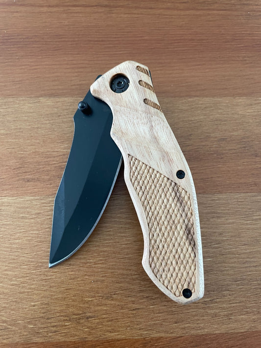 3.14" Black Stainless Steel Blade Tactical Knife Wooden Scales Pocket Clip