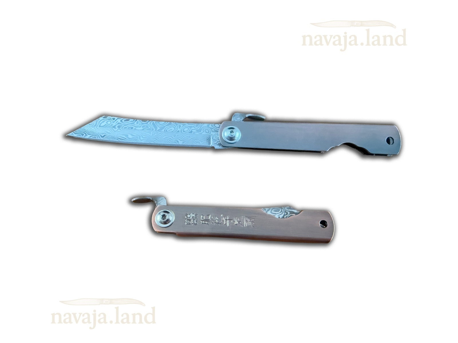 3" Damascus Navaja Higonokami Knife Steel Handle Satin Bronze Finish w/ Sheath