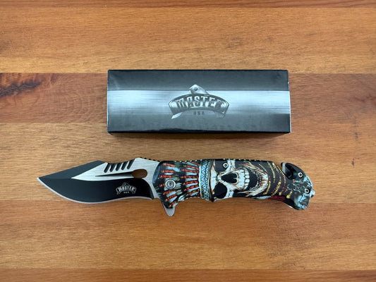 3.5" Steel Blade Master USA Folding Knife Assisted Patriotic Skull Design