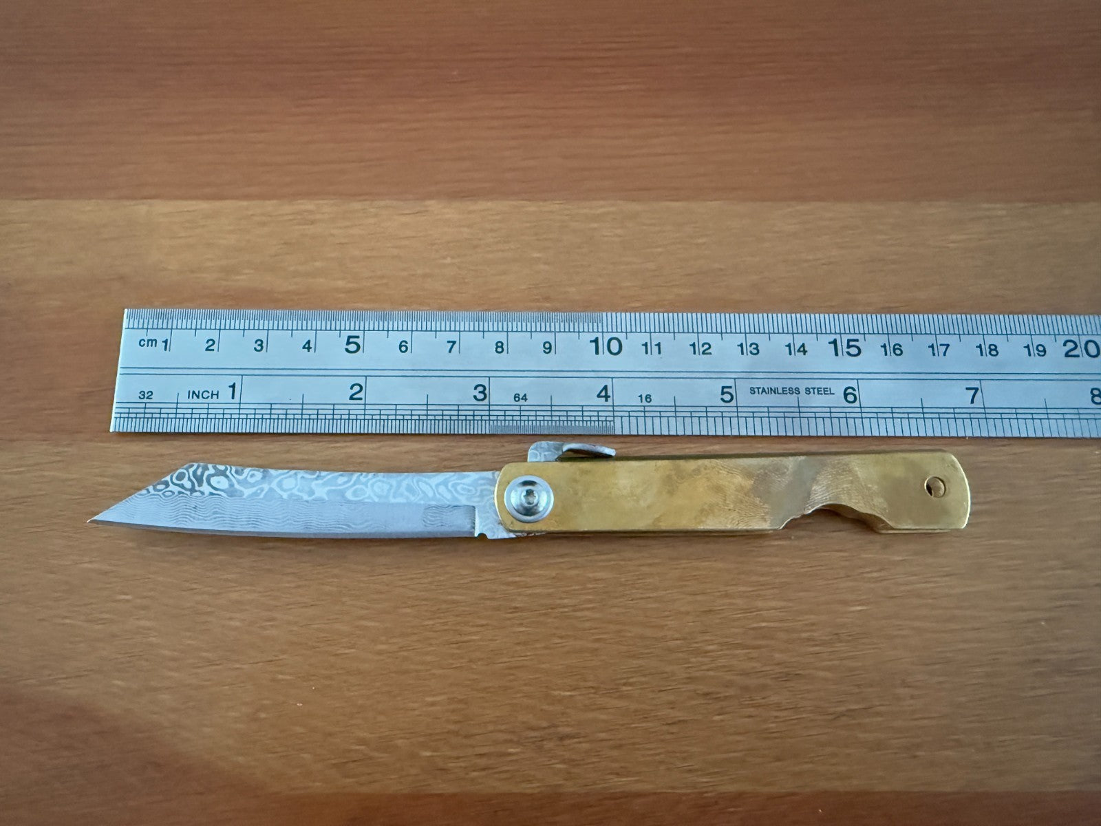 3" Navaja Higonokami Knife Brass Handle with Damascus Blade with Sheath