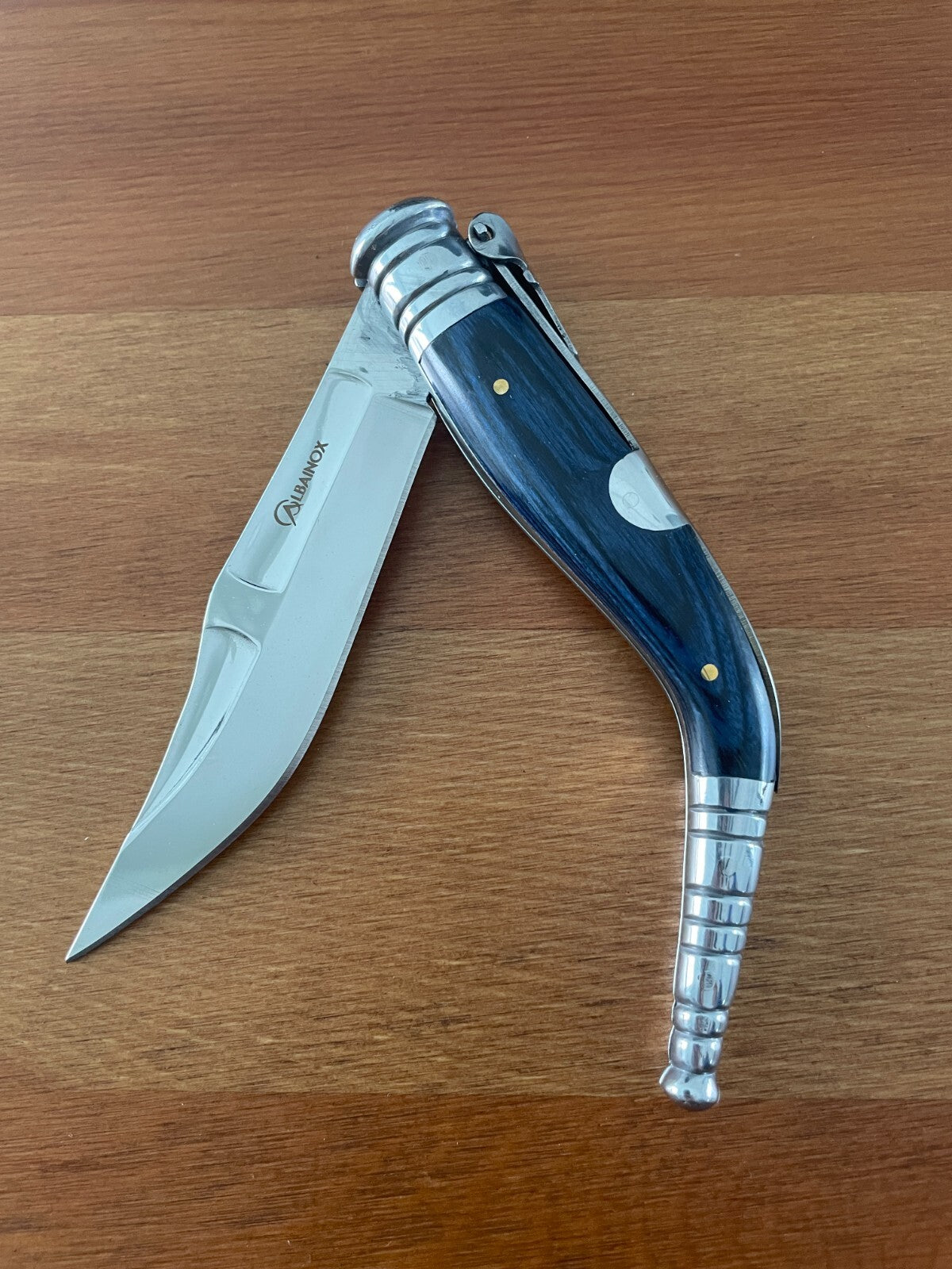 3.9" Spanish Navaja Sevillana Pocket Knife Blue Stamina Wood Scales with Ratchet