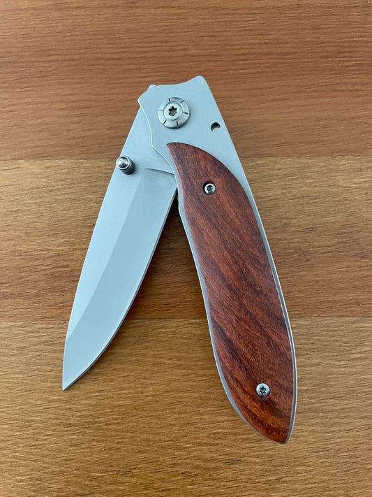 3.3" Stainless Steel Satin Blade Folding Knife Steel and Wood Handle Pocket Clip