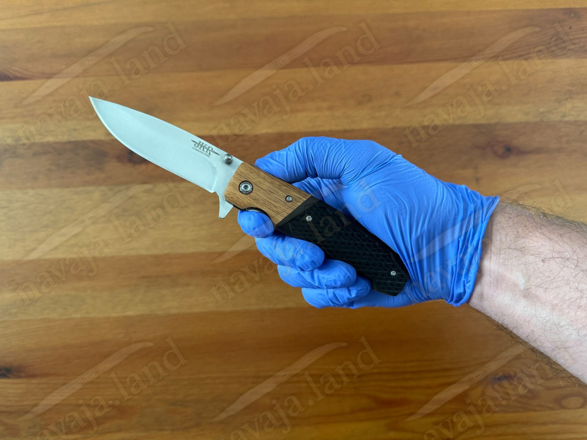 Sporting Folding Knife 3.4” Stainless Steel Blade G10 & Wood Handle Liner Lock