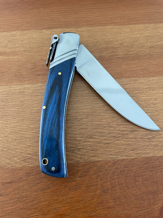 3.54" Spanish Navaja Pocket Knife Blue Wood Scales With Ratchet & Billet Lock