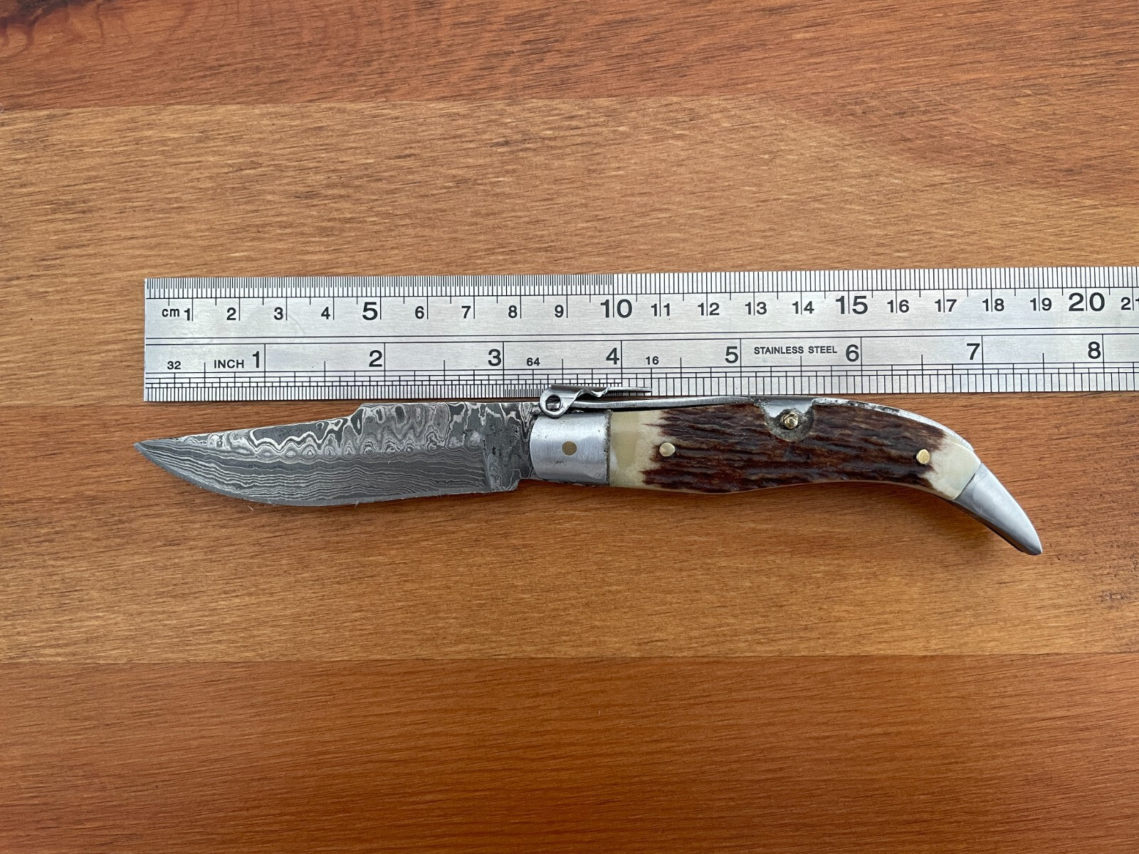 3.14” Spanish Navaja Pocket Knife Damascus Steel Deer Antler Scales -  US Seller