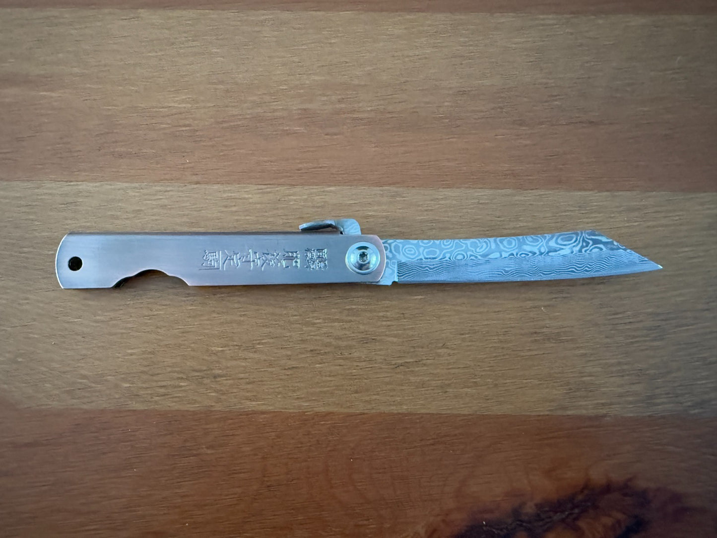 3" Damascus Navaja Higonokami Knife Steel Handle Satin Bronze Finish w/ Sheath