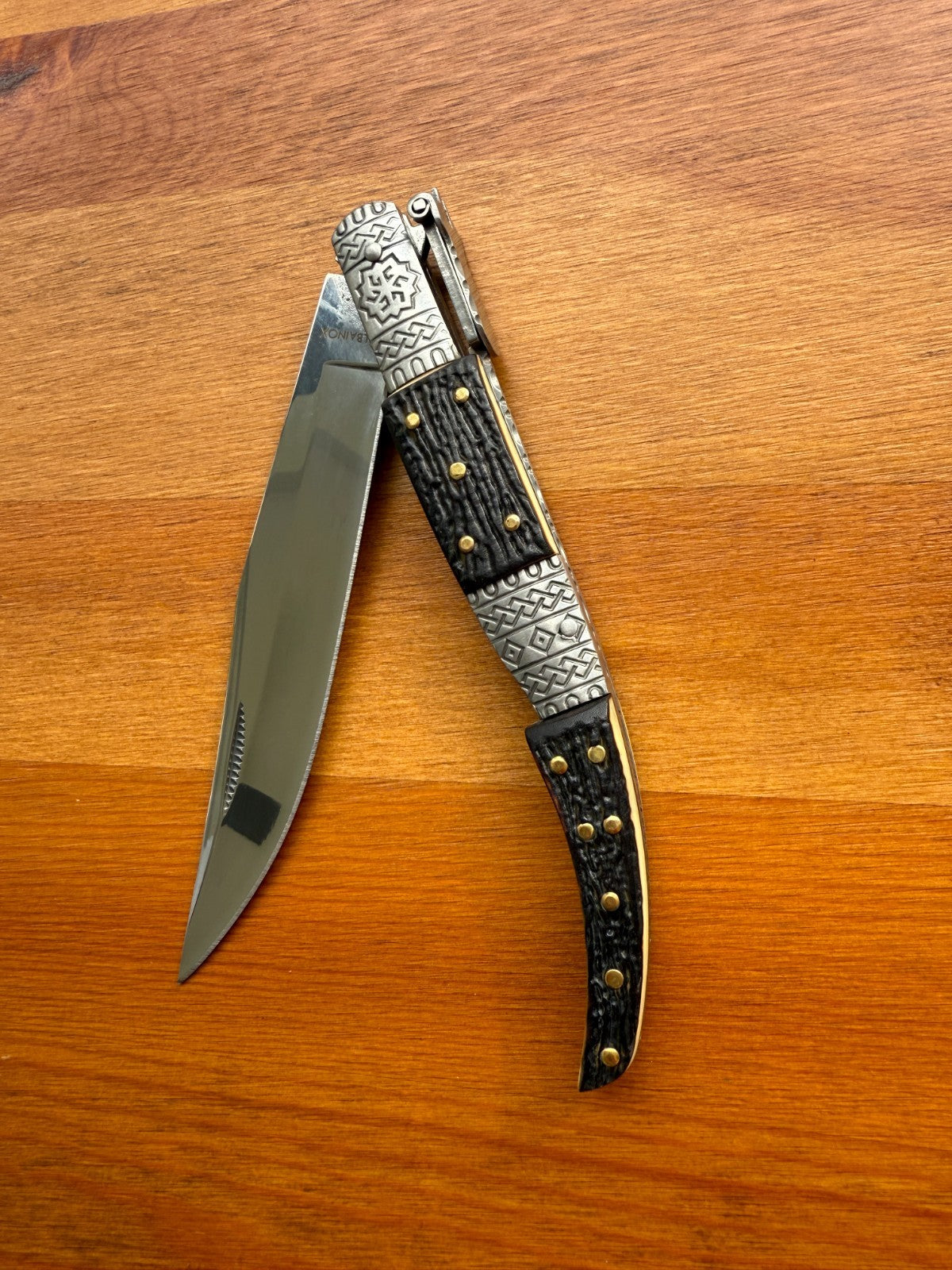 5.3" Blade Arabian Style Ratchet Navaja Knife Staghorn Imitation Ornamented