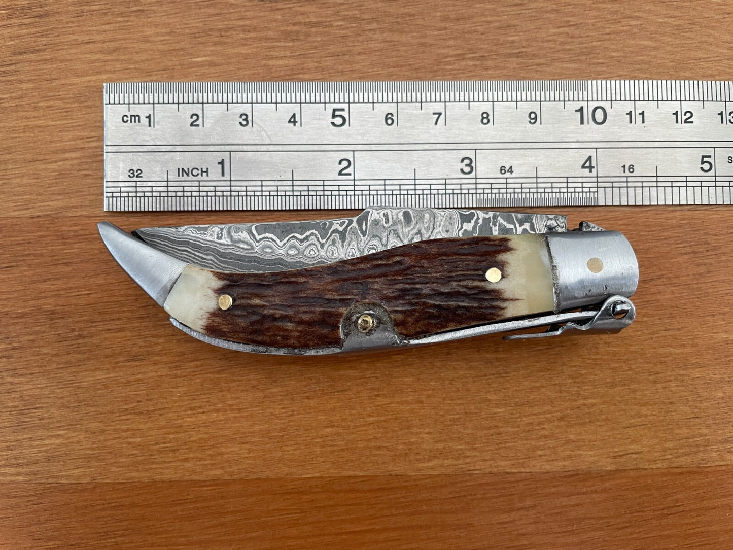 3.14” Spanish Navaja Pocket Knife Damascus Steel Deer Antler Scales -  US Seller