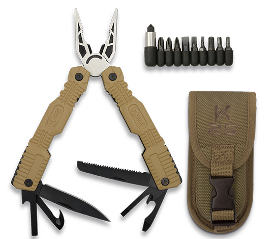 K25 Tactical Multi-Tool Pliers with Sheath and Various Screwdriver Bits