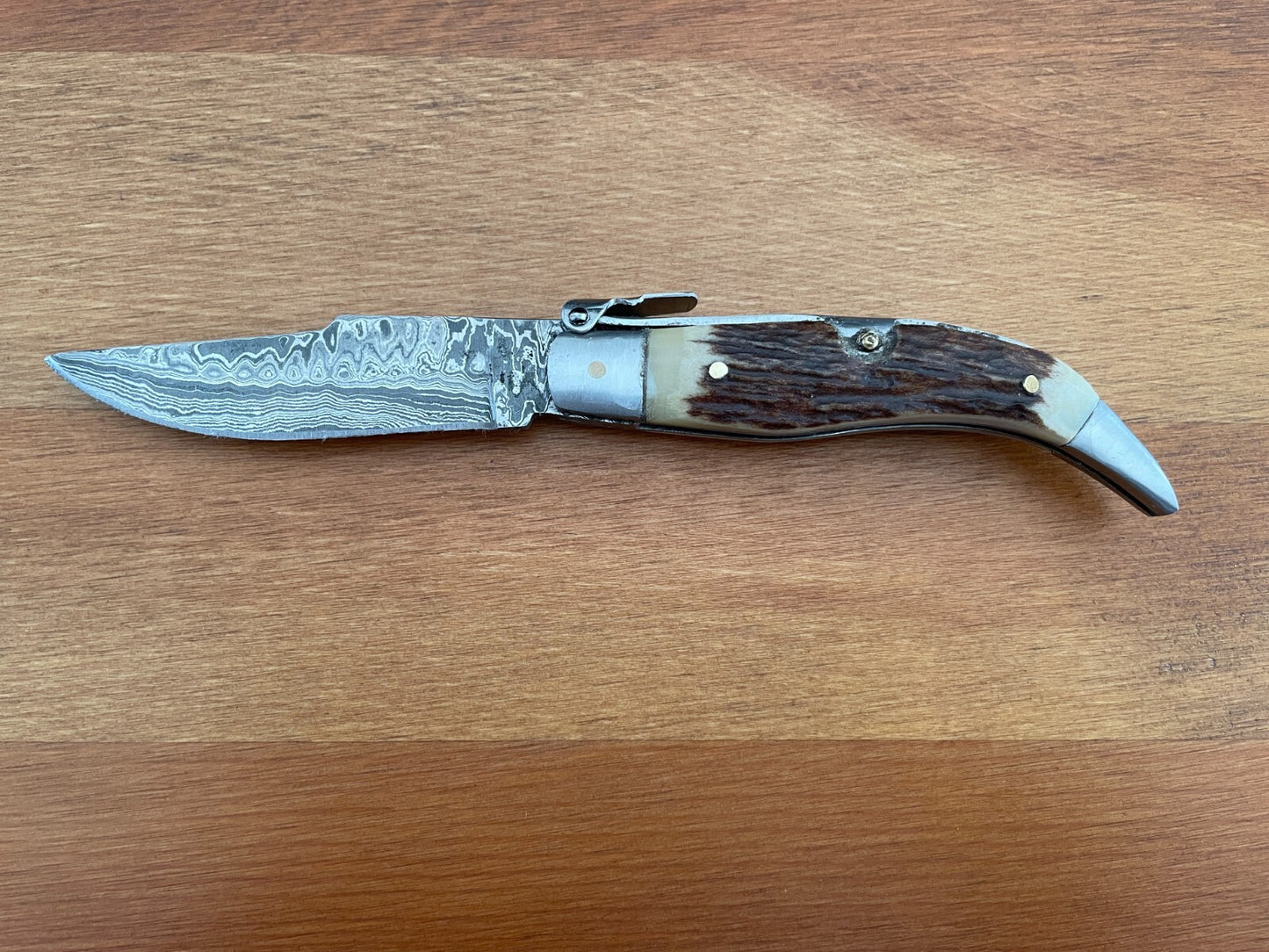 3.14” Spanish Navaja Pocket Knife Damascus Steel Deer Antler Scales -  US Seller