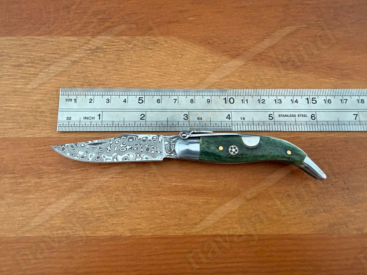 2.56” 67-Layer Damascus Blade Spanish Albacete Navaja Folding Knife Green Bone