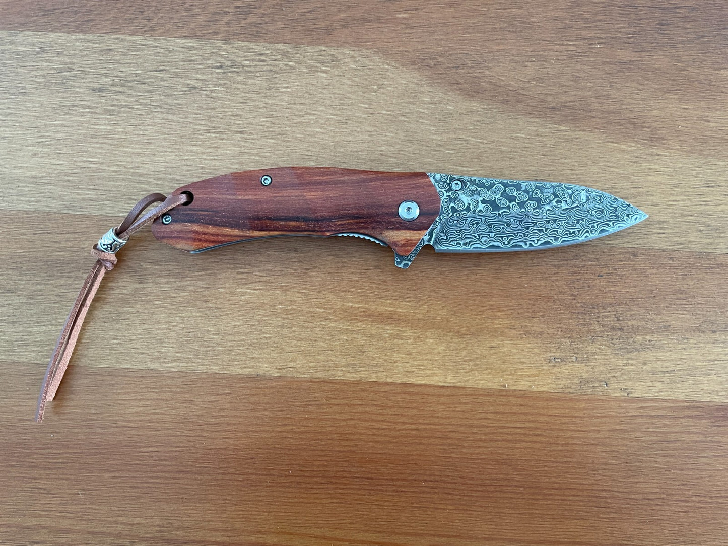 2.9” Damascus 73 Layers Navaja Pocket Knife with Wood Scales Leather Sheath