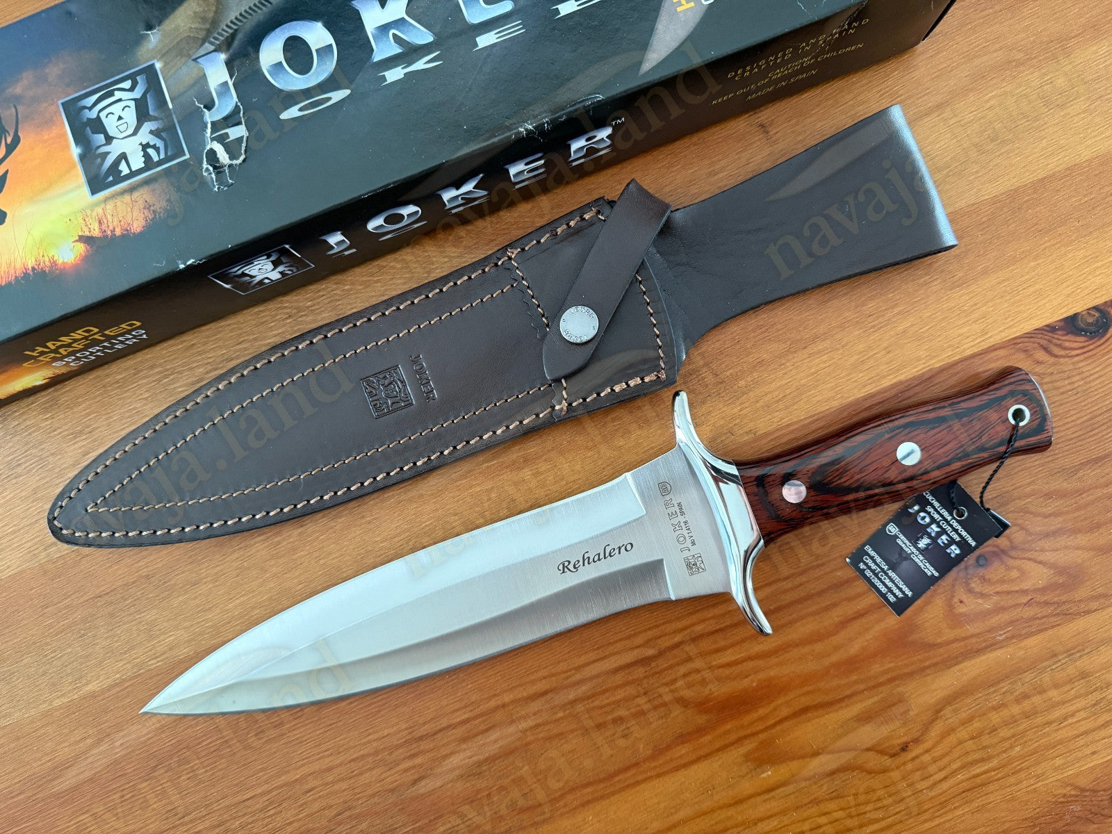 Joker Rehalero Hunting Knife 9.44” MOVA Blade Red Wood Handle Leather Sheath
