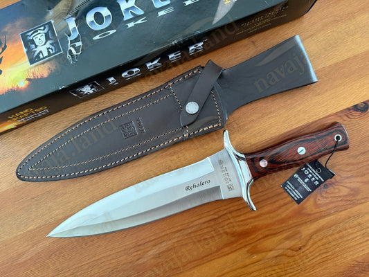 Joker Rehalero Hunting Knife 9.44” MOVA Blade Red Wood Handle Leather Sheath