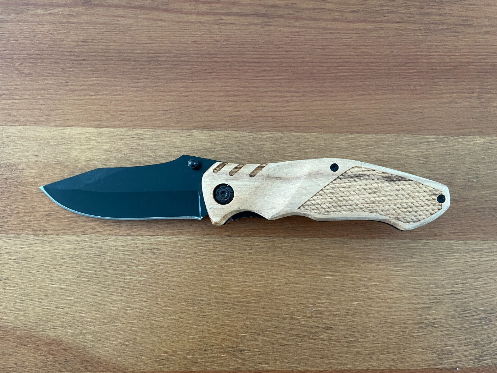 3.14" Black Stainless Steel Blade Tactical Knife Wooden Scales Pocket Clip