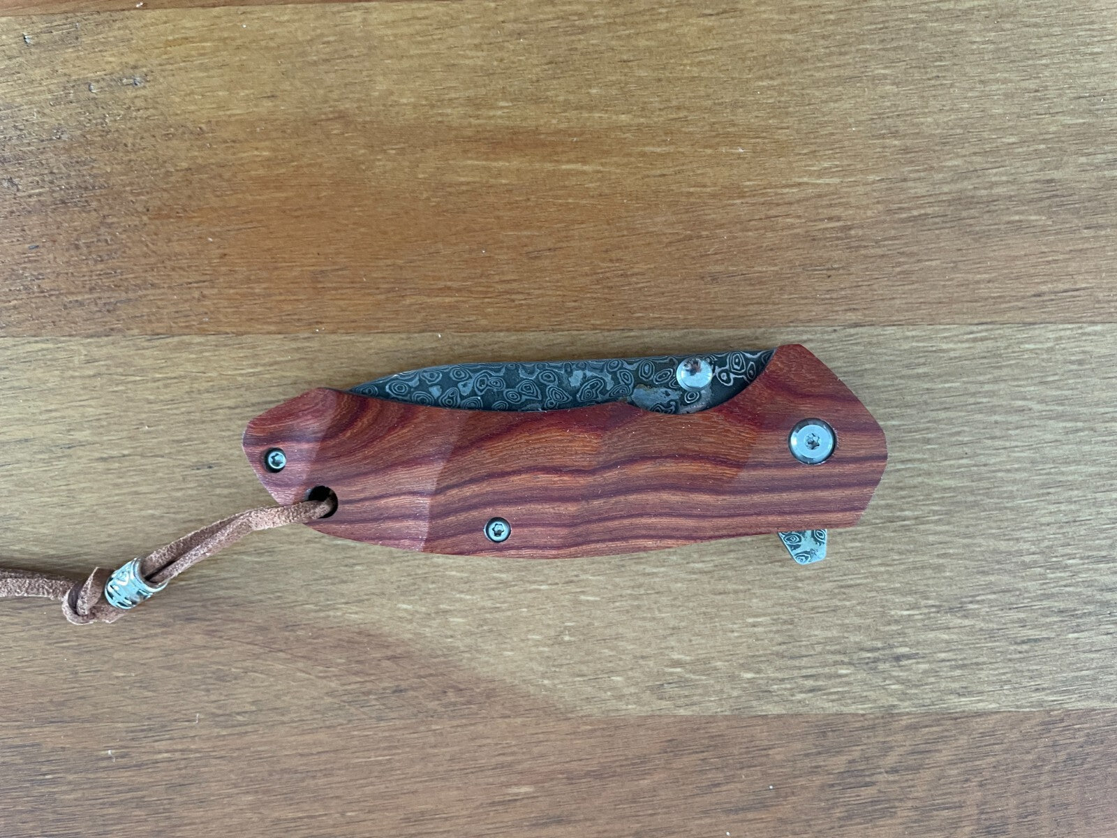 2.9” Damascus 73 Layers Navaja Pocket Knife with Wood Scales Leather Sheath