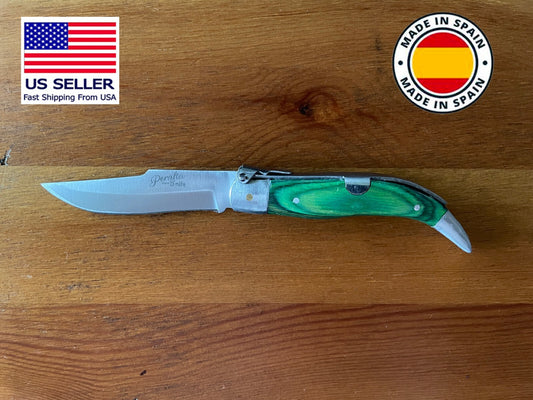 3.14” Spanish Navaja Teja Albacete Pocket Knife Green Wood Handmade - USA Seller